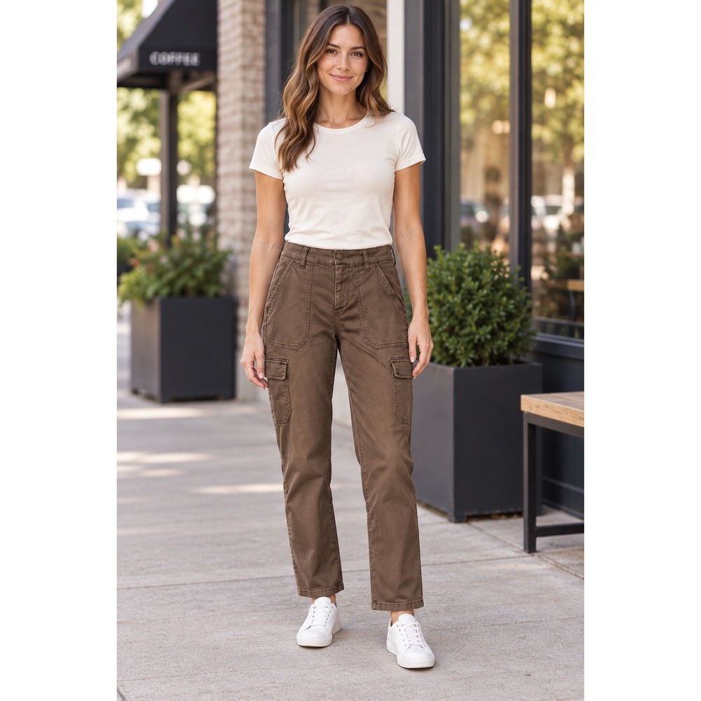 Evereve Fatigue Cargo Pants Brown Straight Leg High Rise Stretch Size 25